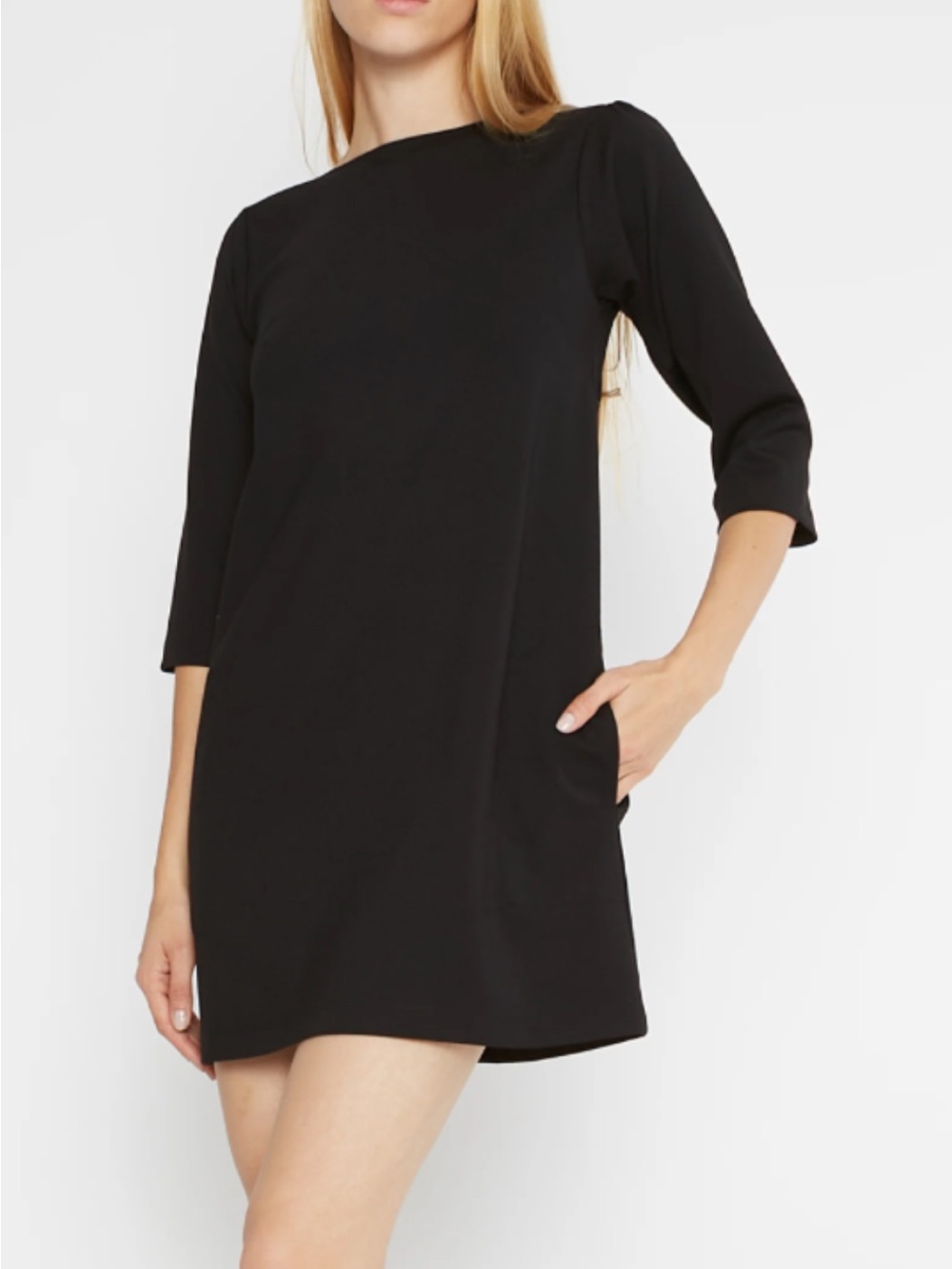 RIPLEY RADER Black Ponte Knit A-Line Shift Dress 3/4 Sleeves Mini Minimal  2/SM